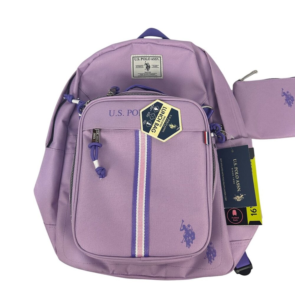 US Polo Assn Lavender Backpack 16 Inch Detachable Lunch Bag Straps Laptop Sleeve